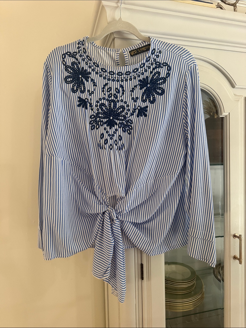 QED London Blue & White Striped Tie-Front Blouse with Navy Embroidery